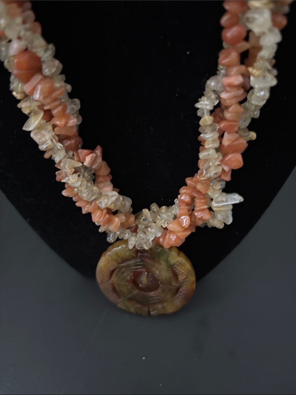 Handcrafted Coral and Citrine Chip Necklace with Round Pendant - Picture 2 of 4